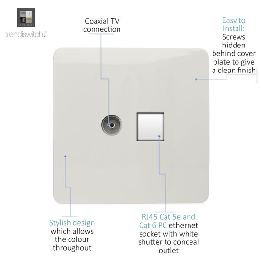 Trendi Switch 2 Gang TV Co-Axial & RJ45 Cat 5e  Ethernet Sockets in Matt White - ART-TV+PCMWH