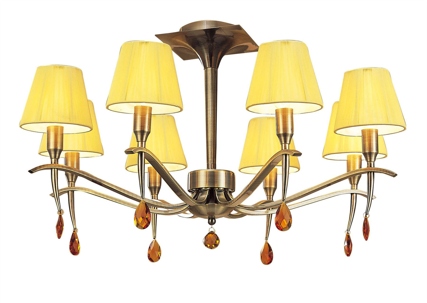 Mantra Siena 63cm Semi Flush Round 6 Light E14, Antique Brass with Amber Cream Shades and Amber Crystal