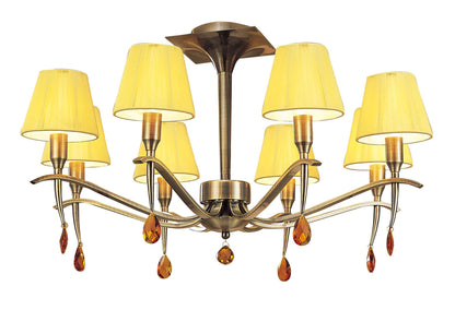 Mantra Siena 63cm Semi Flush Round 6 Light E14, Antique Brass with Amber Cream Shades and Amber Crystal