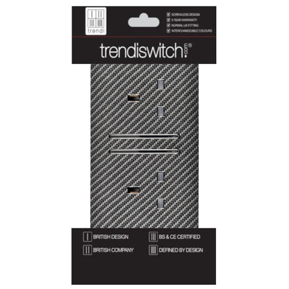Trendi 2 Gang Artistic Modern Glossy 13 Amp Long Switched Tactile Plug Socket Carbon Fibre (7 Pack)