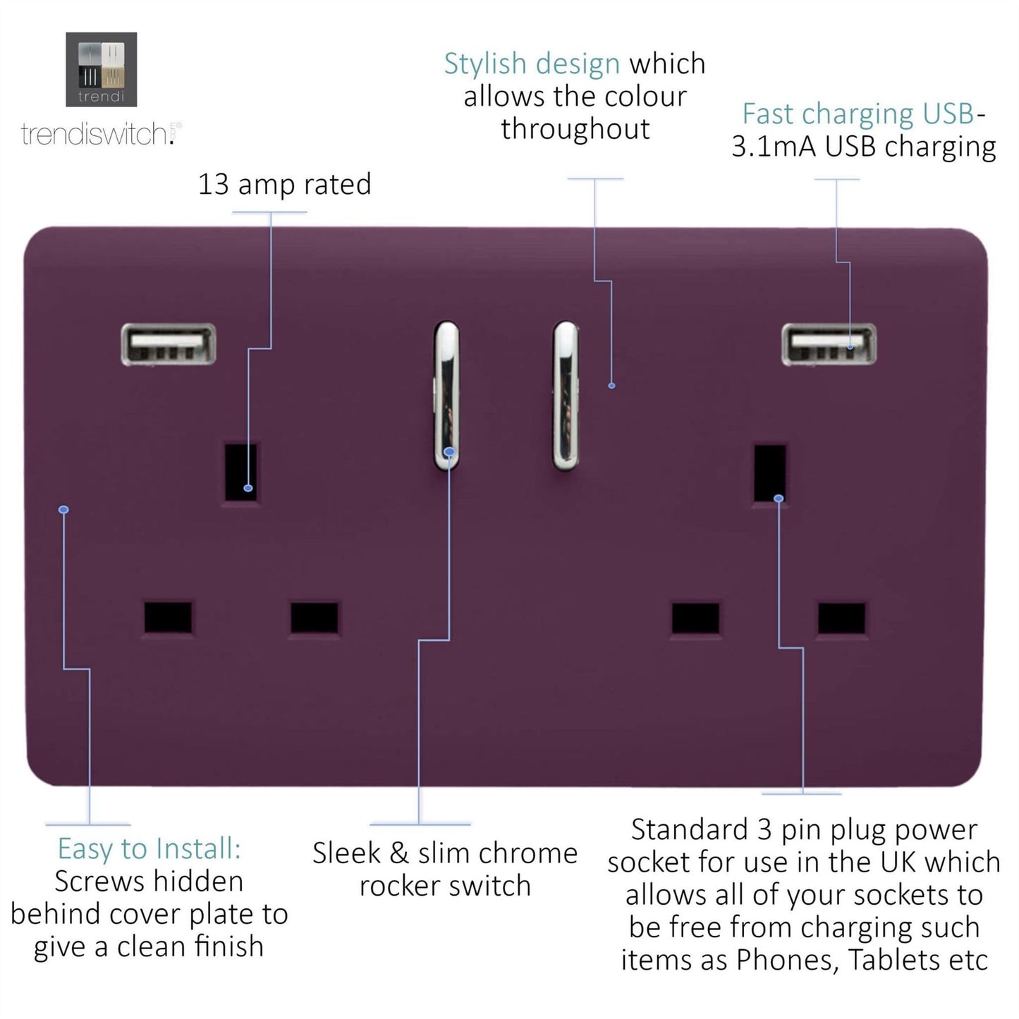 Trendi 2 Gang Artistic Modern Glossy 13 Amp 2 x 3.1mA USB Switched Plug Socket Plum