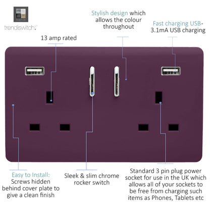 Trendi 2 Gang Artistic Modern Glossy 13 Amp 2 x 3.1mA USB Switched Plug Socket Plum