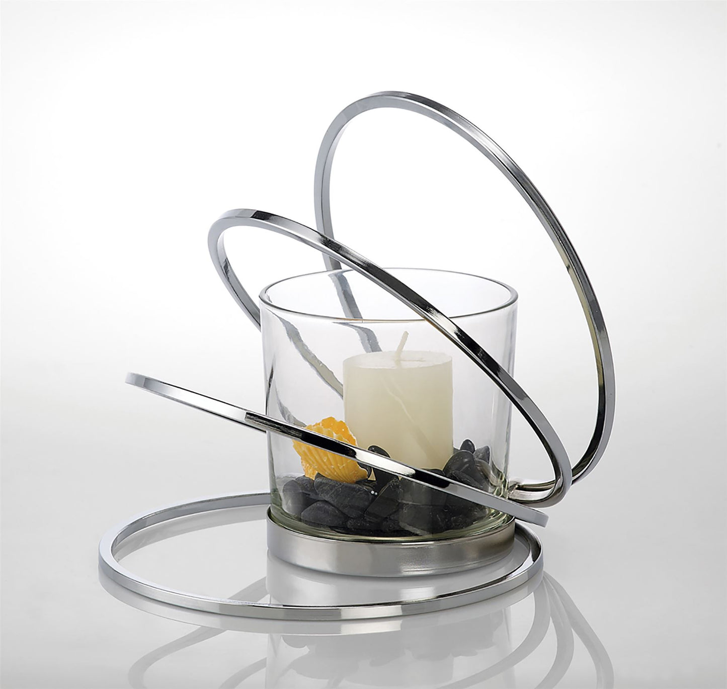 Diyas Home (DH) Oreo Candle Holder 4 Ring Medium Polished Chrome/Clear Glass Art