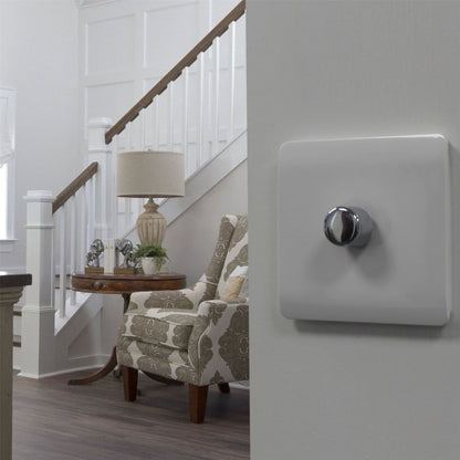 Trendi 1 Gang 2 Way 240V 100w LED Dimmer Screwless Raised Front Plate Plastic Artistic Modern Glossy 10 Amp Chrome Single Electrical Wall Light Switch in Sky - ART-LDMSK