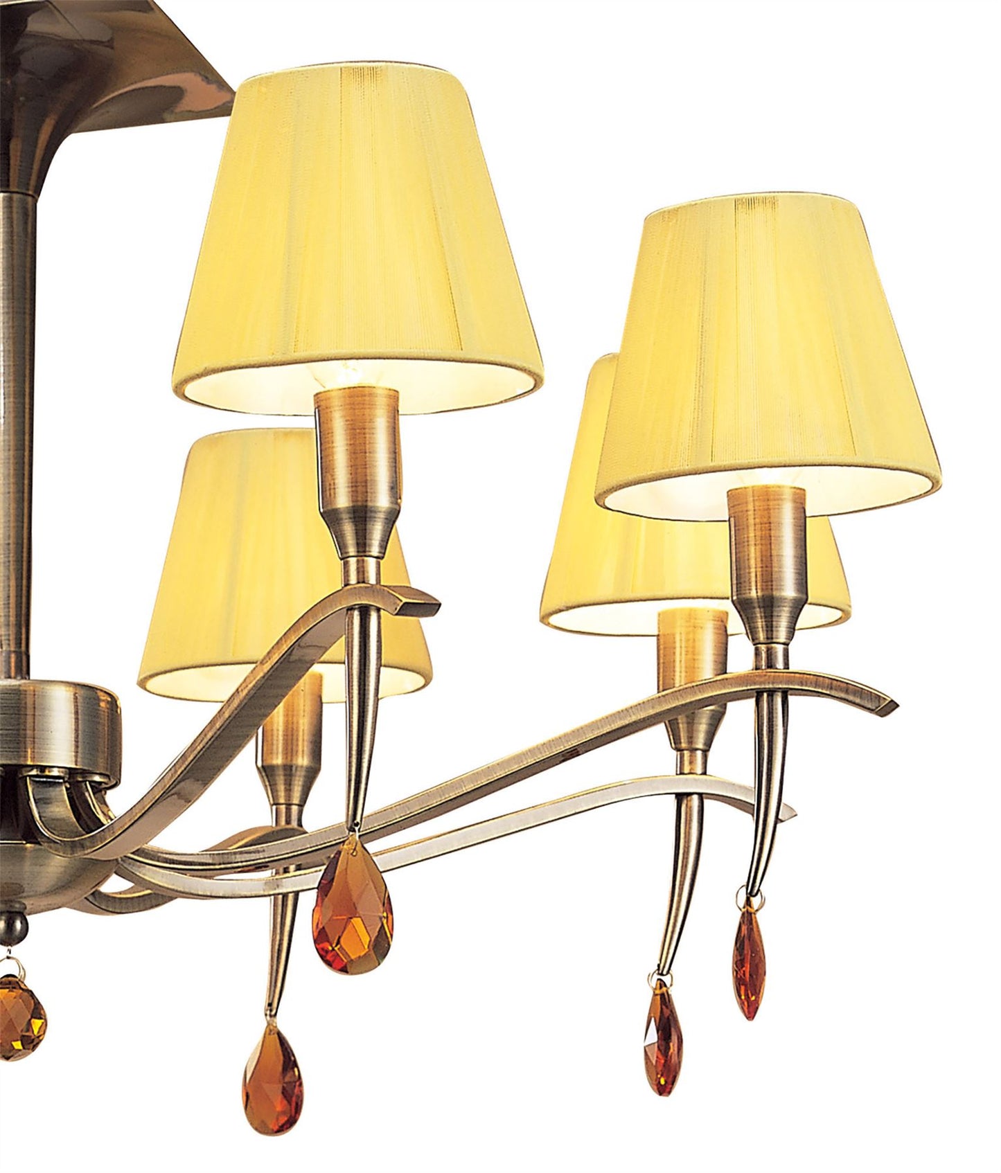 Mantra Siena 63cm Semi Flush Round 6 Light E14, Antique Brass with Amber Cream Shades and Amber Crystal