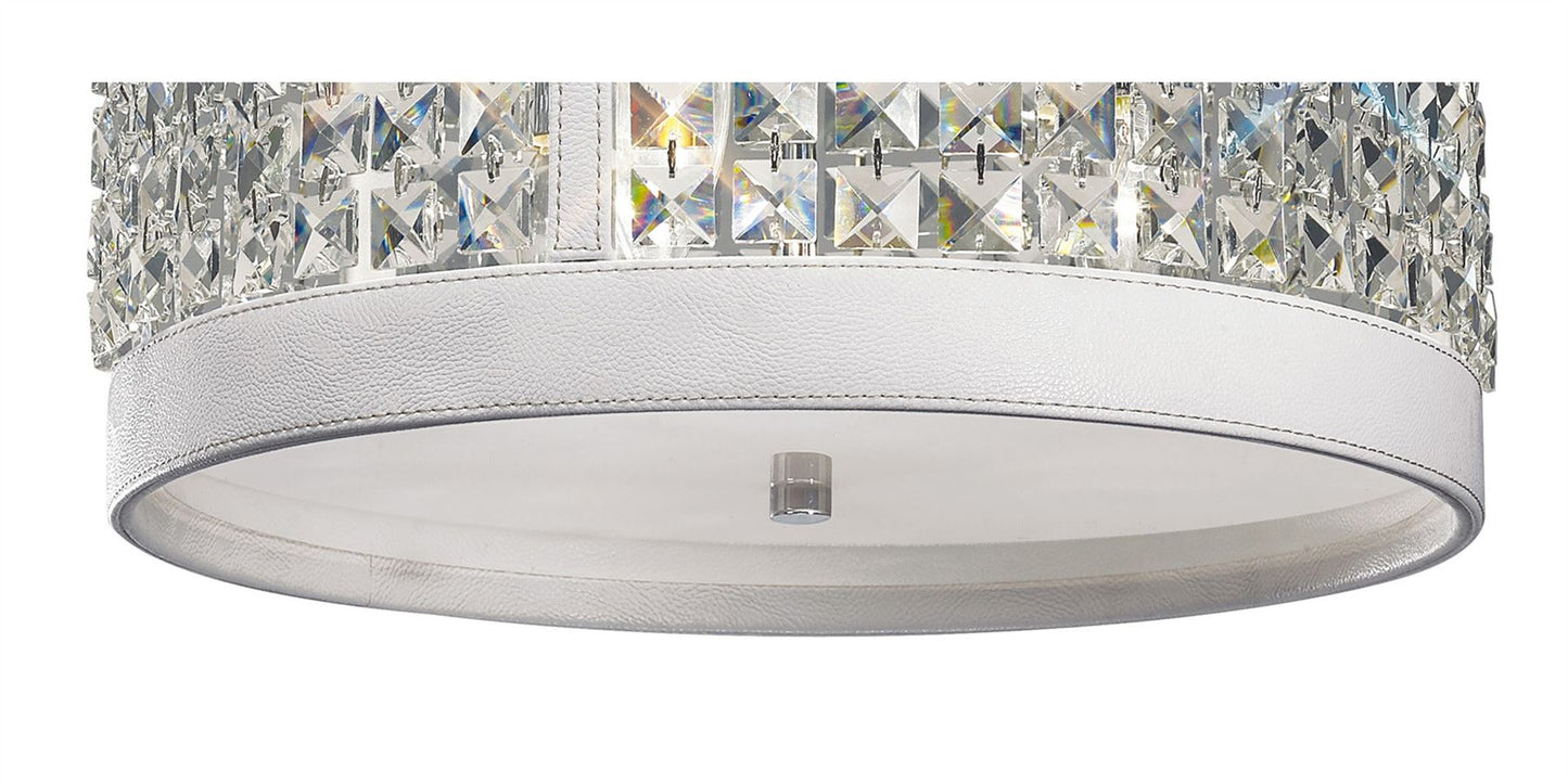 Diyas Celsa 35cm Flush  3 Light E14 Polished Chrome/White Faux Leather/Crystal Ceiling Light Fitting
