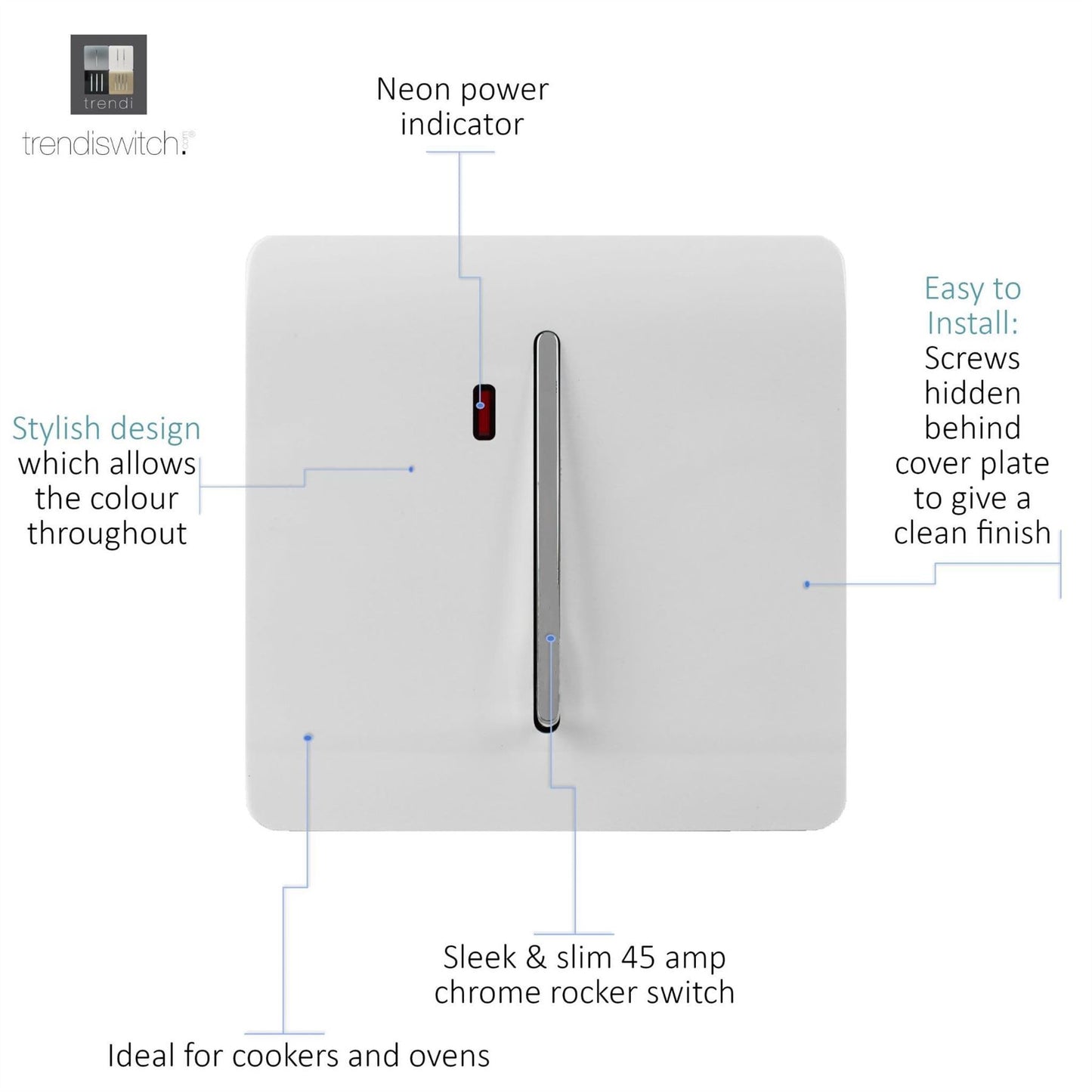 Trendi Artistic Modern Glossy 20 A  Light Switch & Neon Insert White ART-WHS1WH