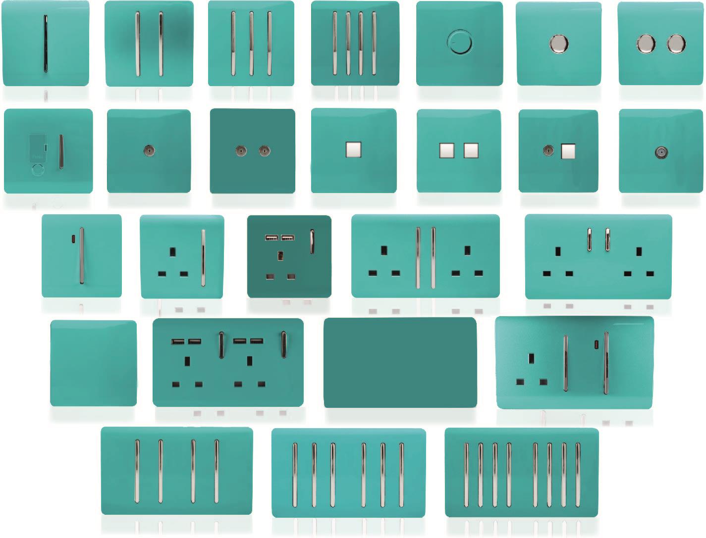 Trendi 2 Gang Artistic Modern Glossy 13 Amp Switched Tactile Plug Socket Bright Teal (5 Pack)