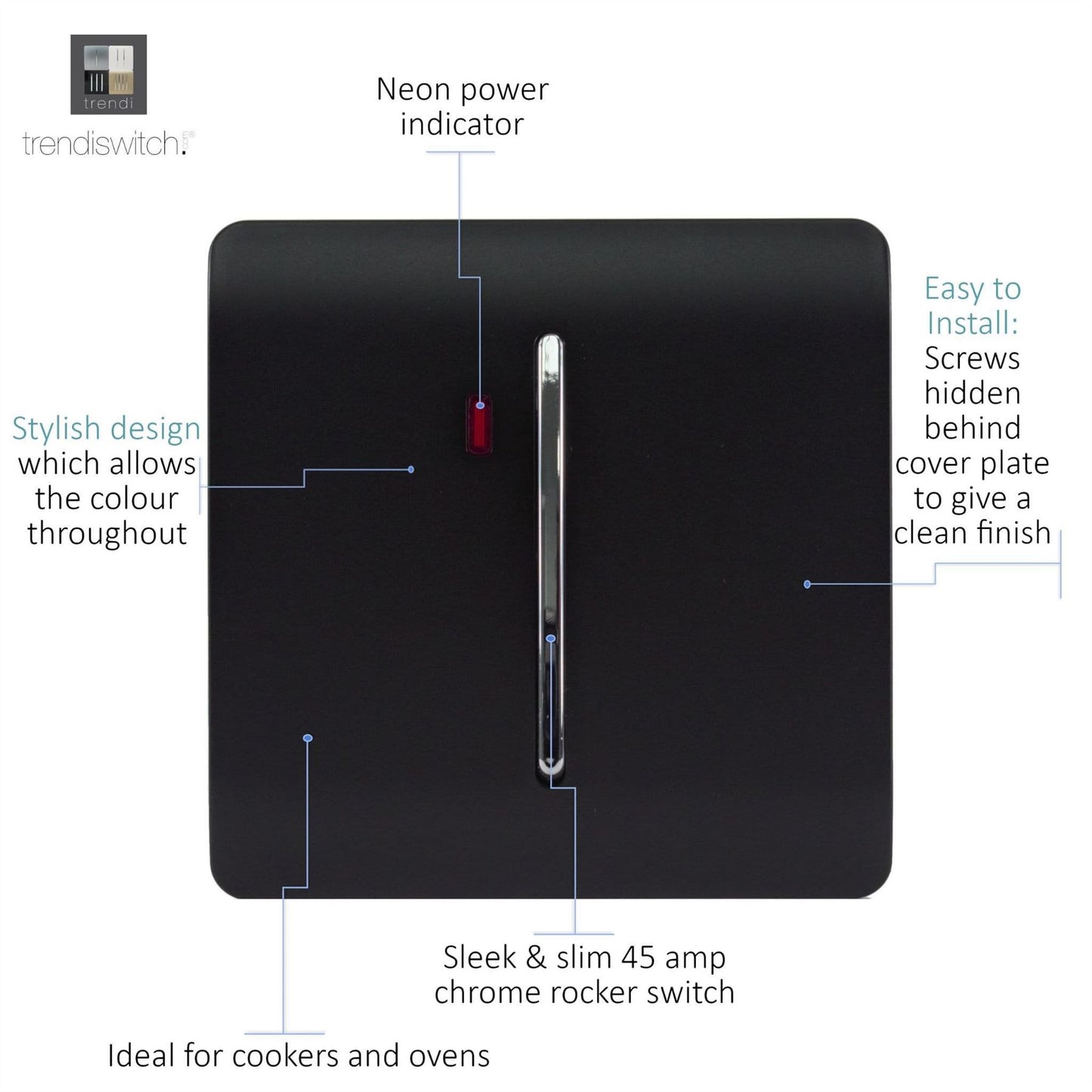 Trendi  20 A Light Switch & Neon Insert Matt Black Soft Touch - ART-WHS1STB