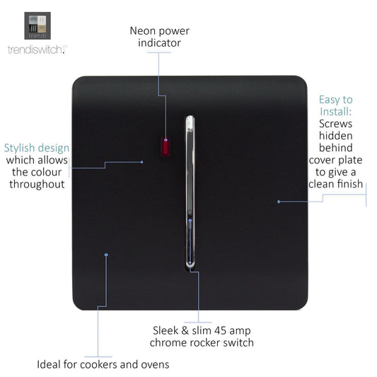Trendi  20 A Light Switch & Neon Insert Matt Black Soft Touch - ART-WHS1STB