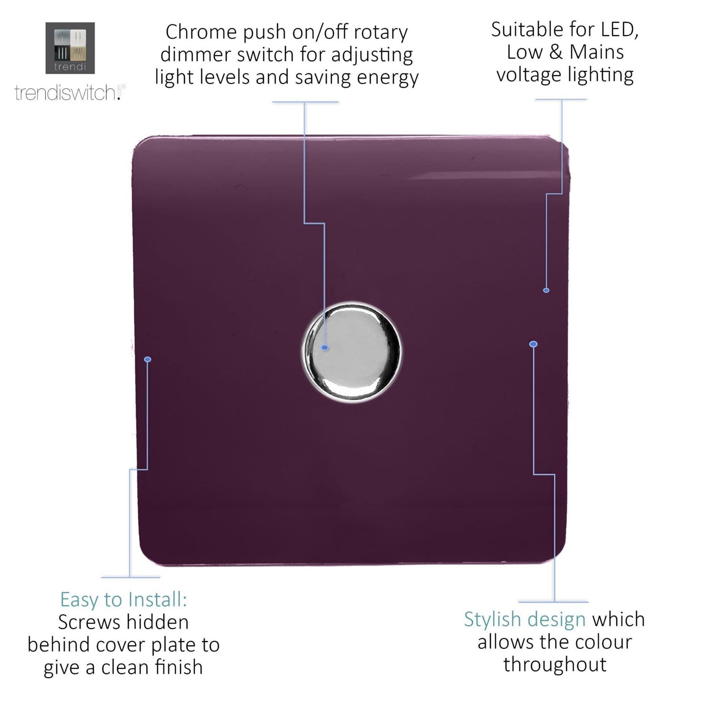 Trendi 1 Gang 2 Way 240V 100w LED Dimmer Screwless Raised Front Plate Plastic Artistic Modern Glossy 10 Amp Chrome Single Electrical Wall Light Switch in Plum Purple - ART-LDMPL