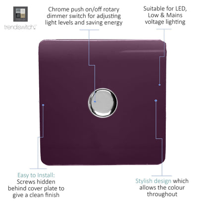 Trendi 1 Gang 2 Way 240V 100w LED Dimmer Screwless Raised Front Plate Plastic Artistic Modern Glossy 10 Amp Chrome Single Electrical Wall Light Switch in Plum Purple - ART-LDMPL