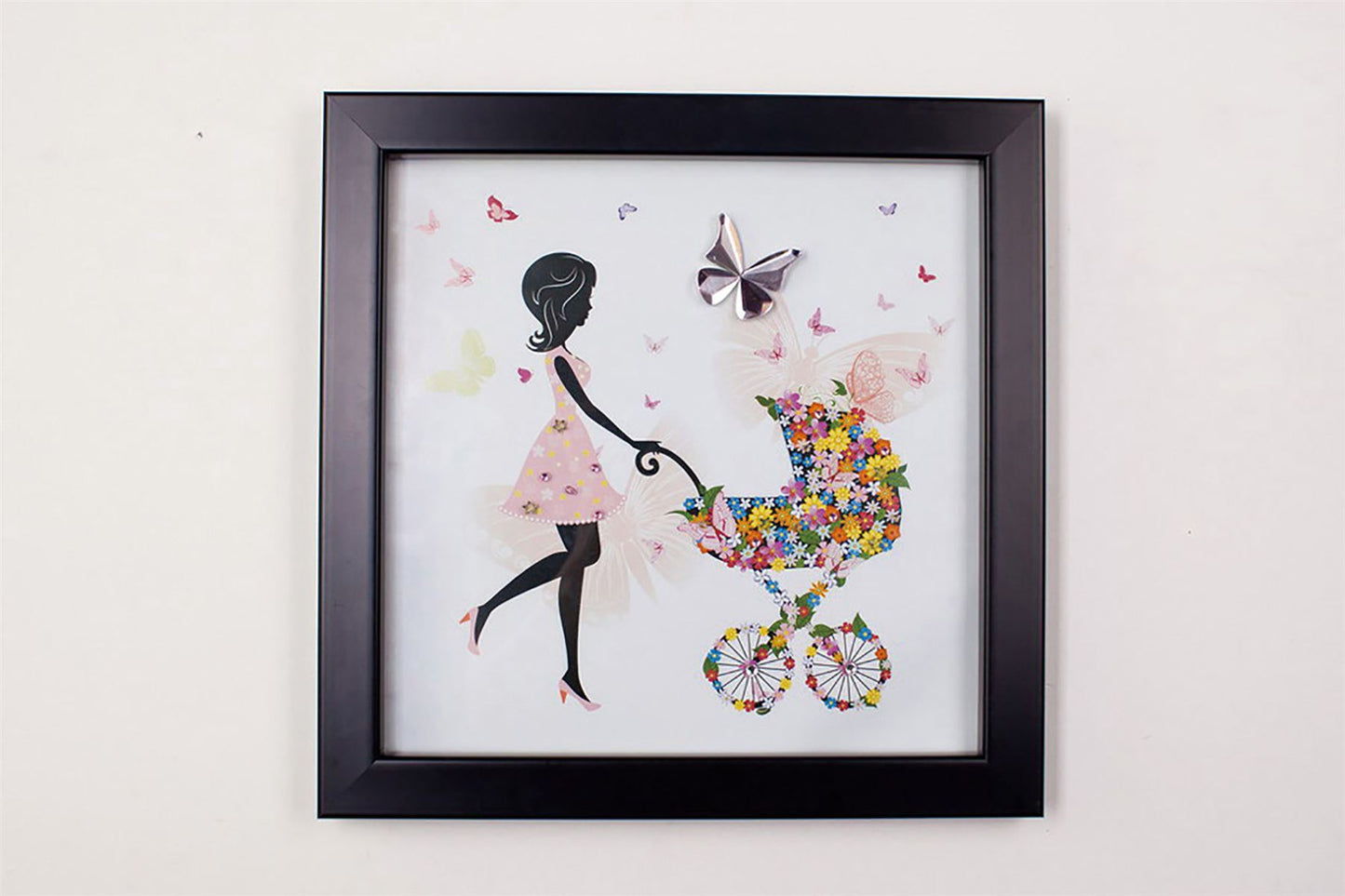 Diyas Home Crystal Wall Art (DH) Bambino Mother with Pram, Black Frame Pink Crystal Framed