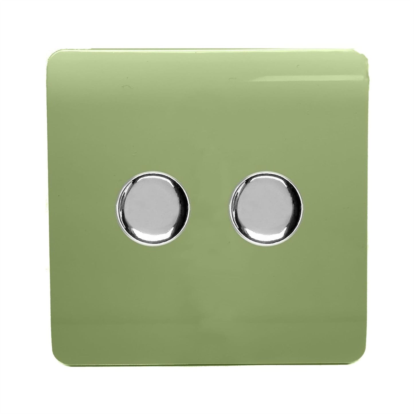 Trendi 2 Gang 2 Way 240V 100w LED Dimmer Screwless Raised Front Plate Plastic Artistic Modern Glossy 10 Amp Chrome Single Electrical Wall Light Switch in Moss Green - ART-2LDMMG