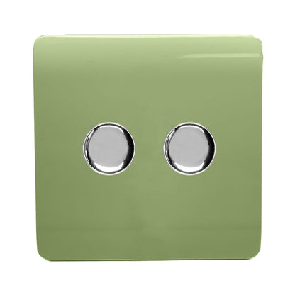 Trendi 2 Gang 2 Way 240V 100w LED Dimmer Screwless Raised Front Plate Plastic Artistic Modern Glossy 10 Amp Chrome Single Electrical Wall Light Switch in Moss Green - ART-2LDMMG