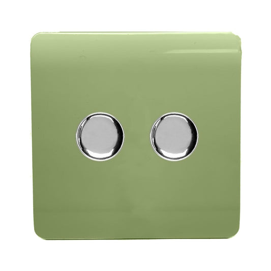 Trendi 2 Gang 2 Way 240V 100w LED Dimmer Screwless Raised Front Plate Plastic Artistic Modern Glossy 10 Amp Chrome Single Electrical Wall Light Switch in Moss Green - ART-2LDMMG