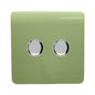Trendi 2 Gang 2 Way 240V 100w LED Dimmer Screwless Raised Front Plate Plastic Artistic Modern Glossy 10 Amp Chrome Single Electrical Wall Light Switch in Moss Green - ART-2LDMMG