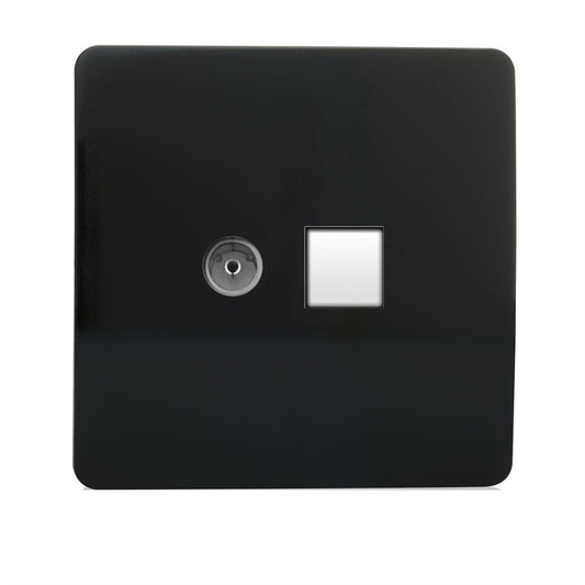 Trendi Switch 2 Gang TV Co-Axial & RJ45 Cat 6 Modern Designer PC Ethernet Sockets in Piano Black