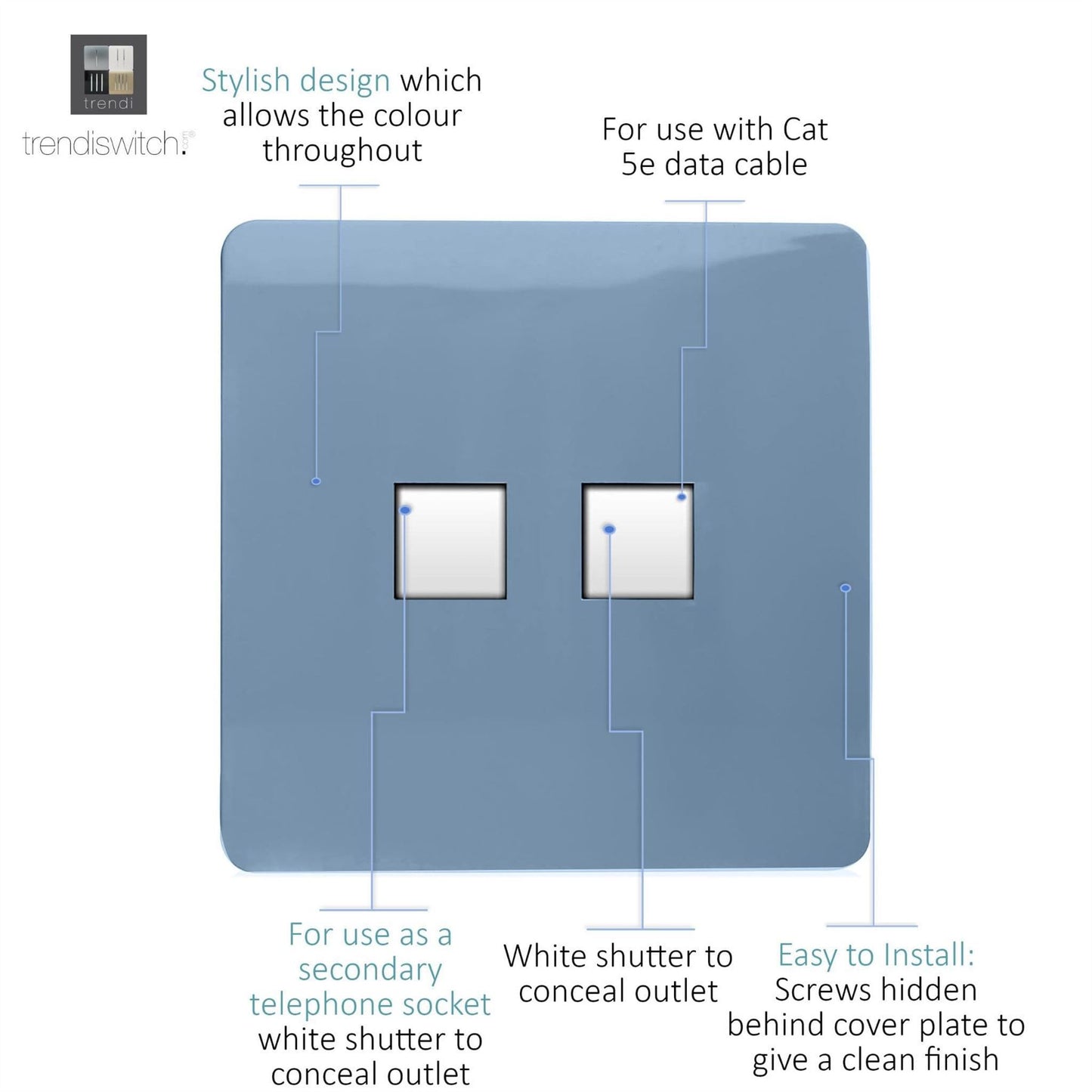 Trendi Artistic Modern Glossy Tactile Telephone Socket + Cat 5e&Cat 6 RJ45 PC Socket Sky