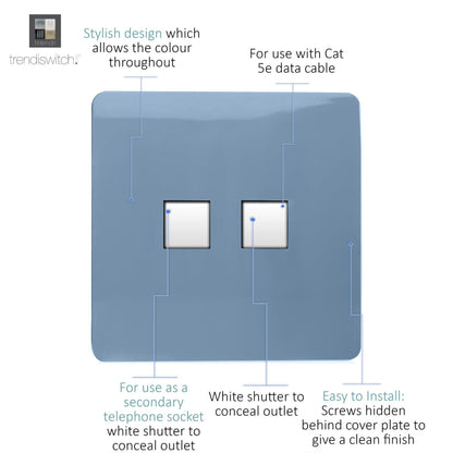 Trendi Artistic Modern Glossy Tactile Telephone Socket + Cat 5e&Cat 6 RJ45 PC Socket Sky