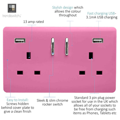 Trendi 2 Gang Artistic Modern Glossy 13 Amp 2 x 3.1mA USB Switched Plug Socket Pink