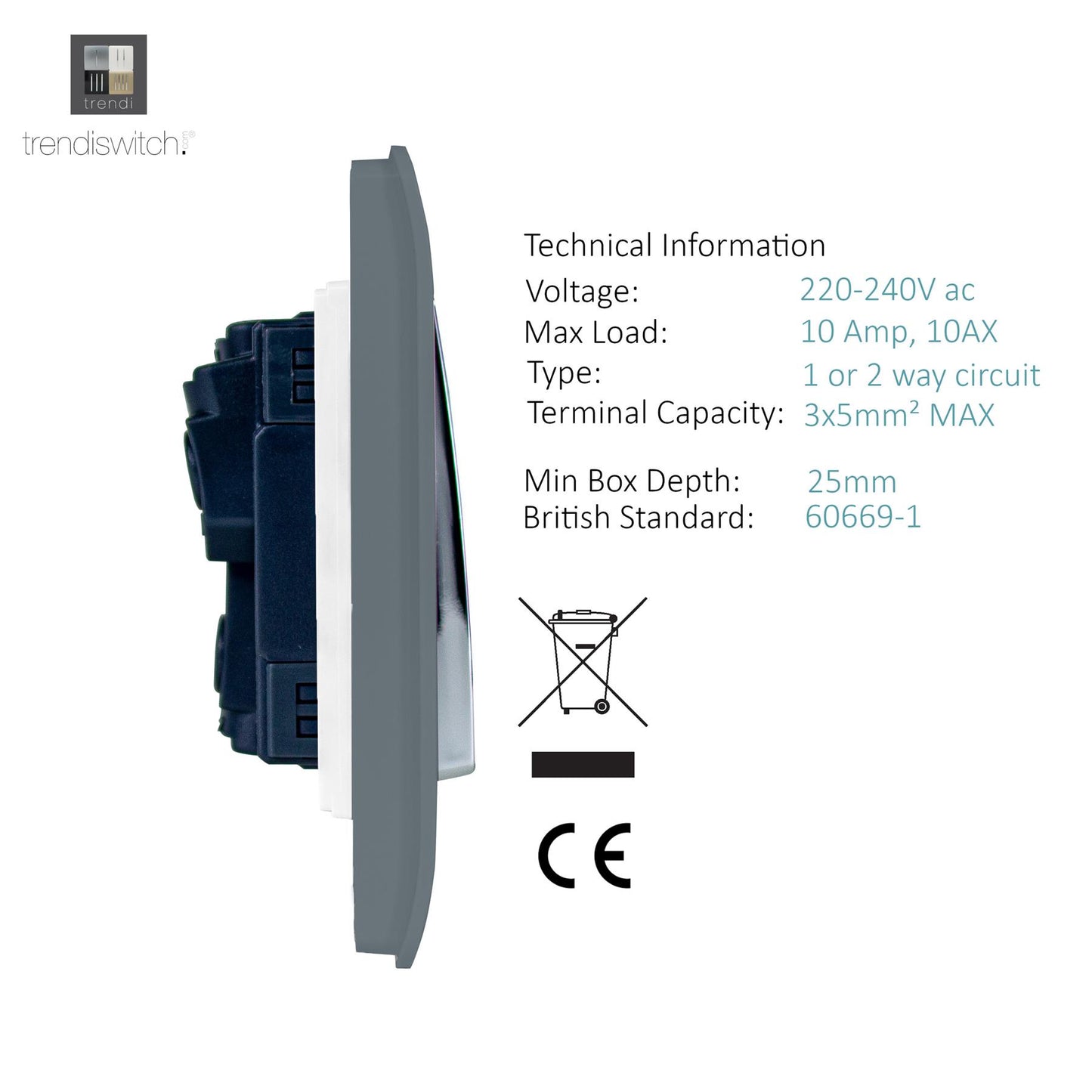 Trendi 1 Gang 2 Way 240V Screwless Artistic Modern Glossy 10 Amp Chrome Rocker Electrical Wall Light Switch in Warm Grey (2 PACK)