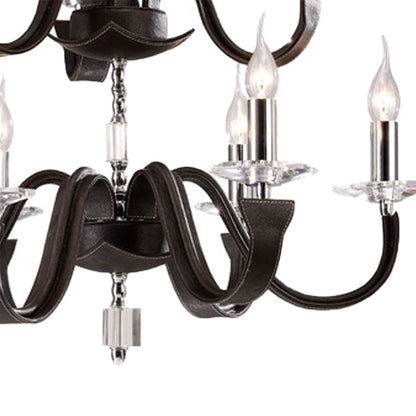 Diyas Nardini 65cm  2 Tier 9 Light E14 Polished Chrome Dark Brown Faux Leather/Crystal Ceiling Pendant Light Fitting