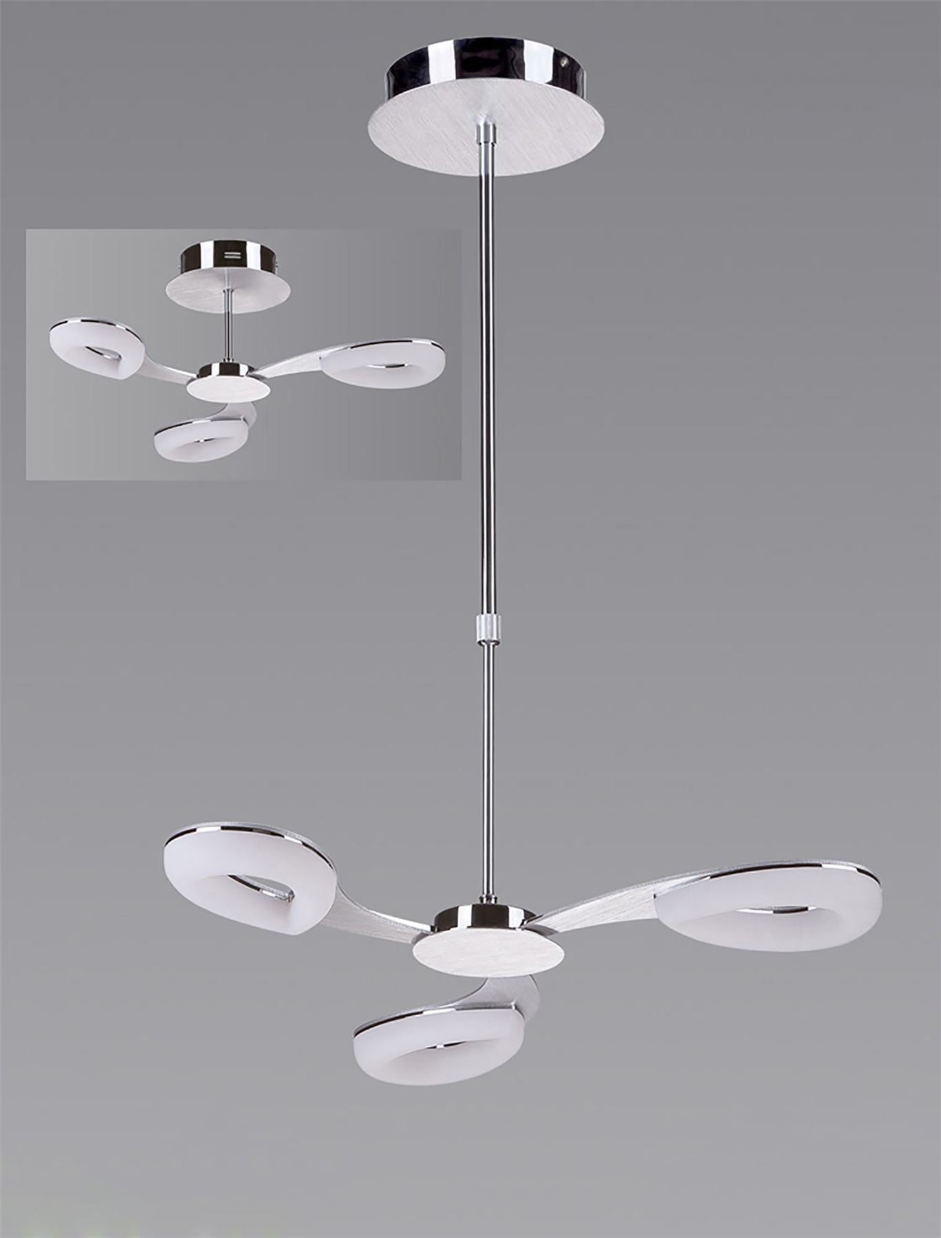 Mantra Fusion Juno 58cm Telescopic Convertible To Semi Flush 3 Light 15W LED 3000K, 1350lm, Satin Aluminium/Frosted Acrylic/Polished Chrome, 3yrs Warranty