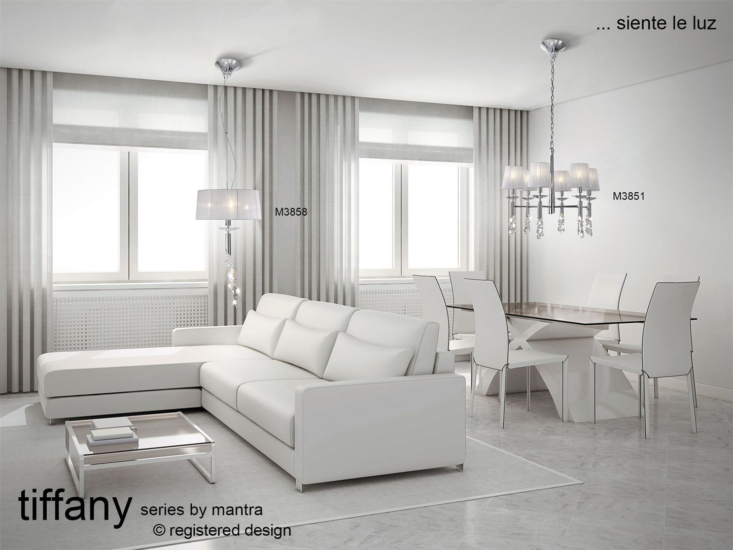 Mantra M3851 Tiffany Pendant 6+6 Light E14+G9, Polished Chrome with White Shades & Clear Crystal