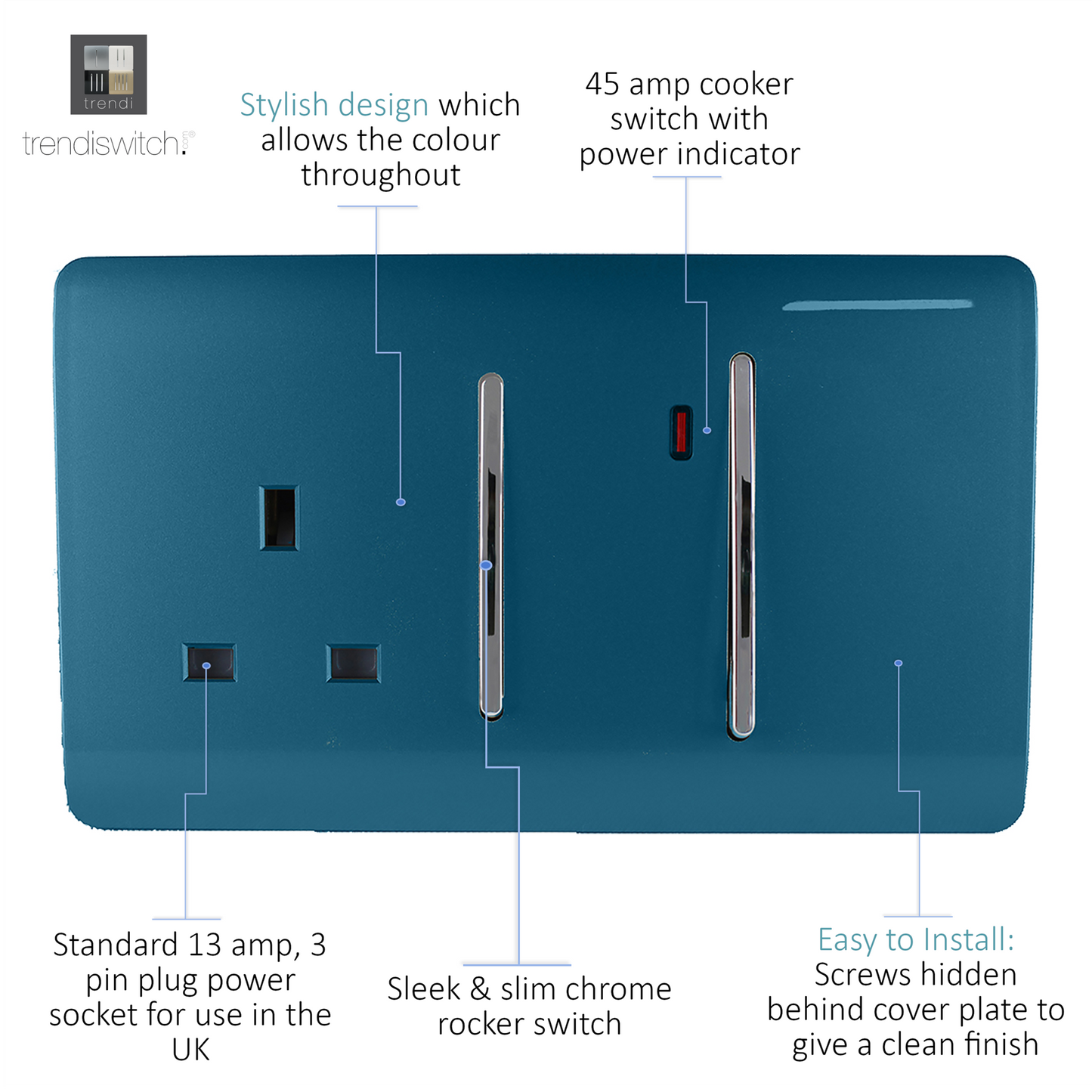 Trendi Artistic Modern Glossy 45 A Cooker Switch & Plug Socket Inc Neon Insert Midnight Blue