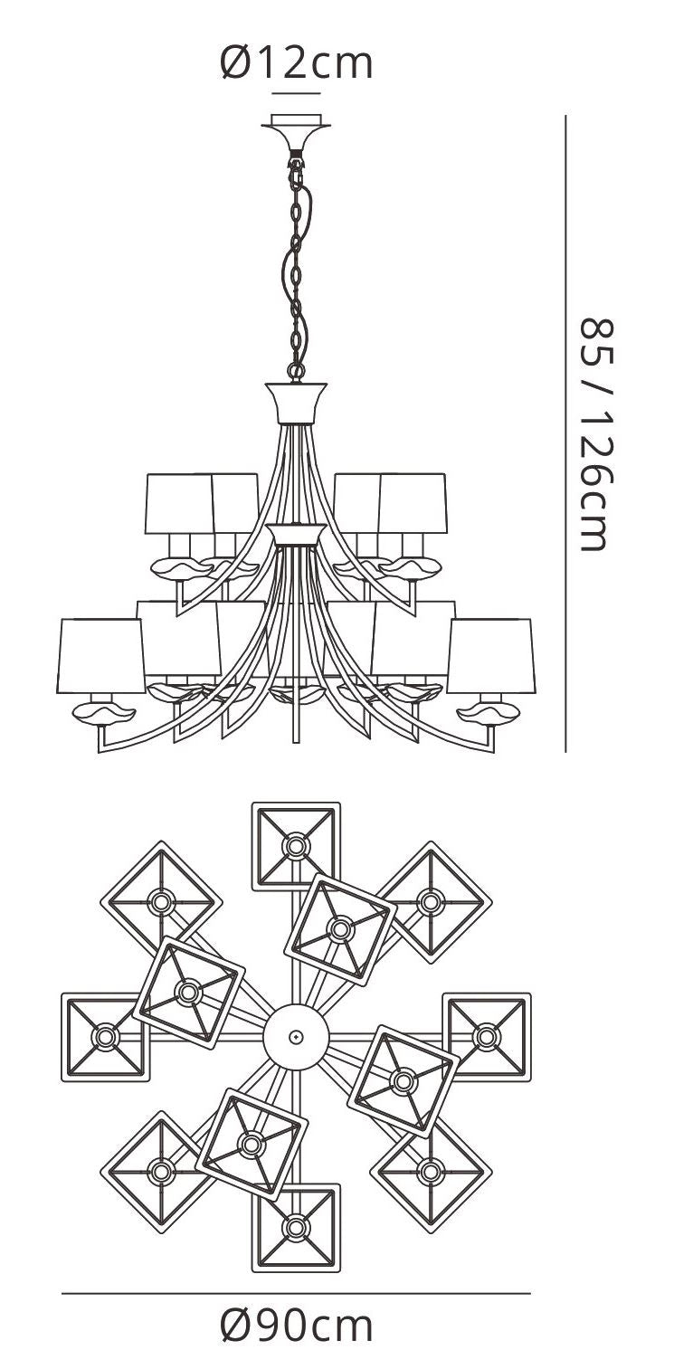 Mantra Akira 90cm Pendant 2 Tier 12 Light E14, Antique Brass with Cream Shades