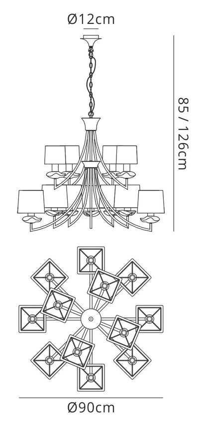 Mantra Akira 90cm Pendant 2 Tier 12 Light E14, Antique Brass with Cream Shades