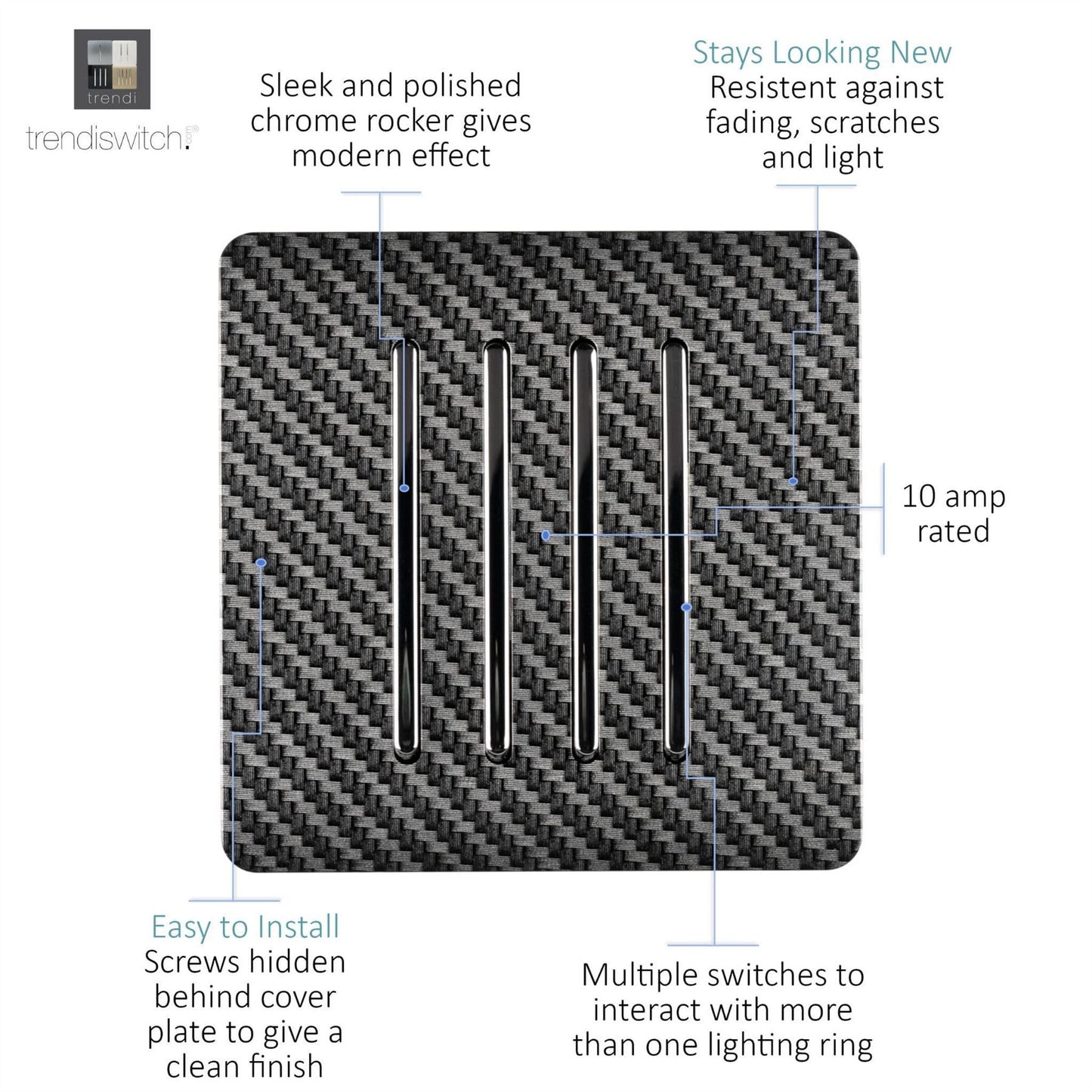 Trendi Switch 4 Gang 1 or 2 way Rocker Modern Designer Light Switch in Carbon Fibre