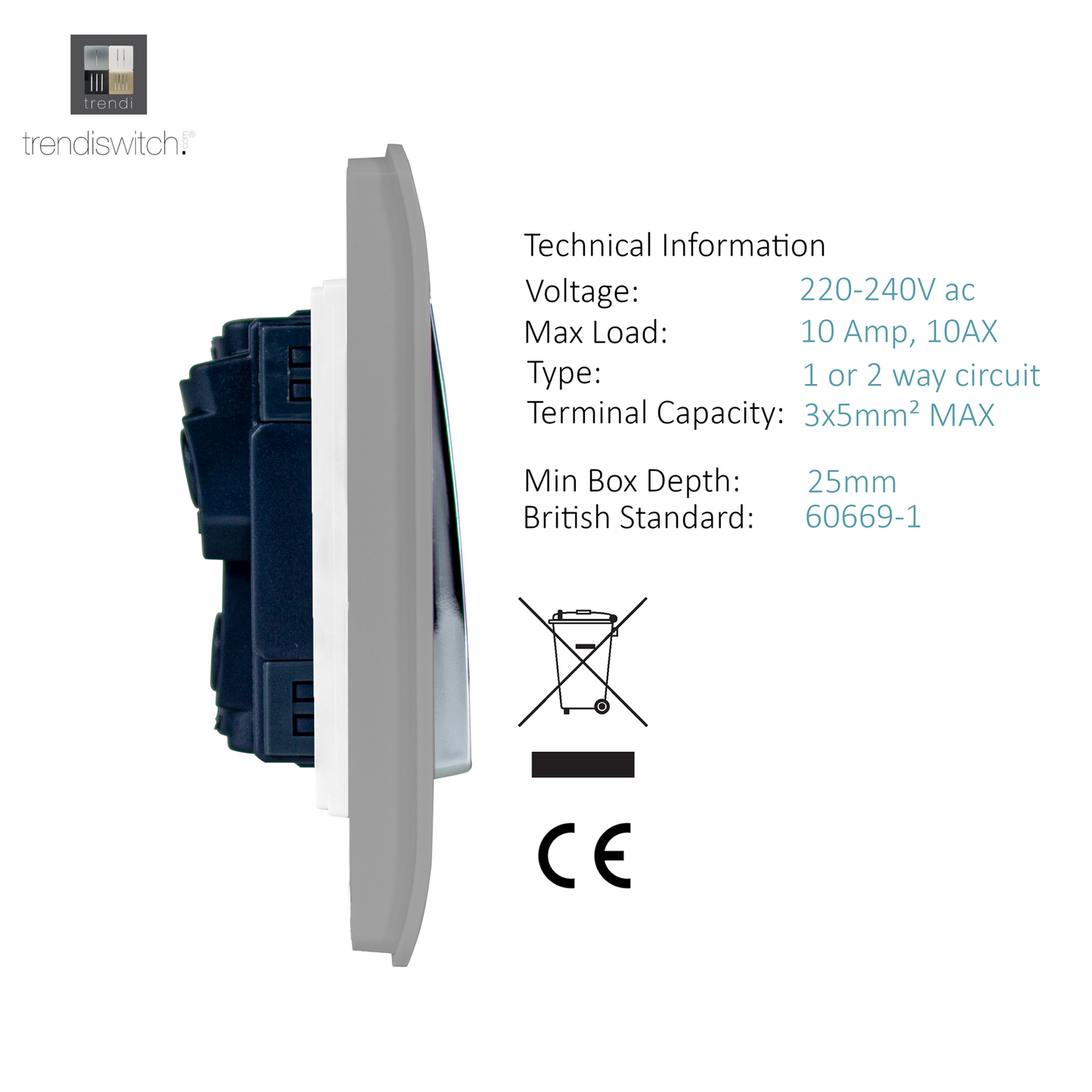 Trendi 1 Gang 2 Way 240V Screwless Raised Front Plate Plastic Artistic Modern Glossy 10 Amp Chrome Rocker Single Electrical Wall Light Switch in Light Grey
