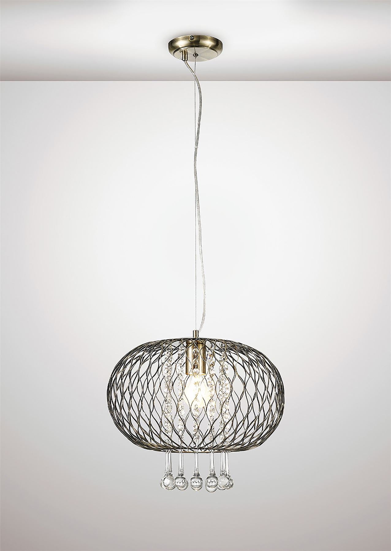 Diyas Chelsie 38cm Large  1 Light E27 Antique Brass/Clear Beaded Glass Ceiling Pendant Light Fitting