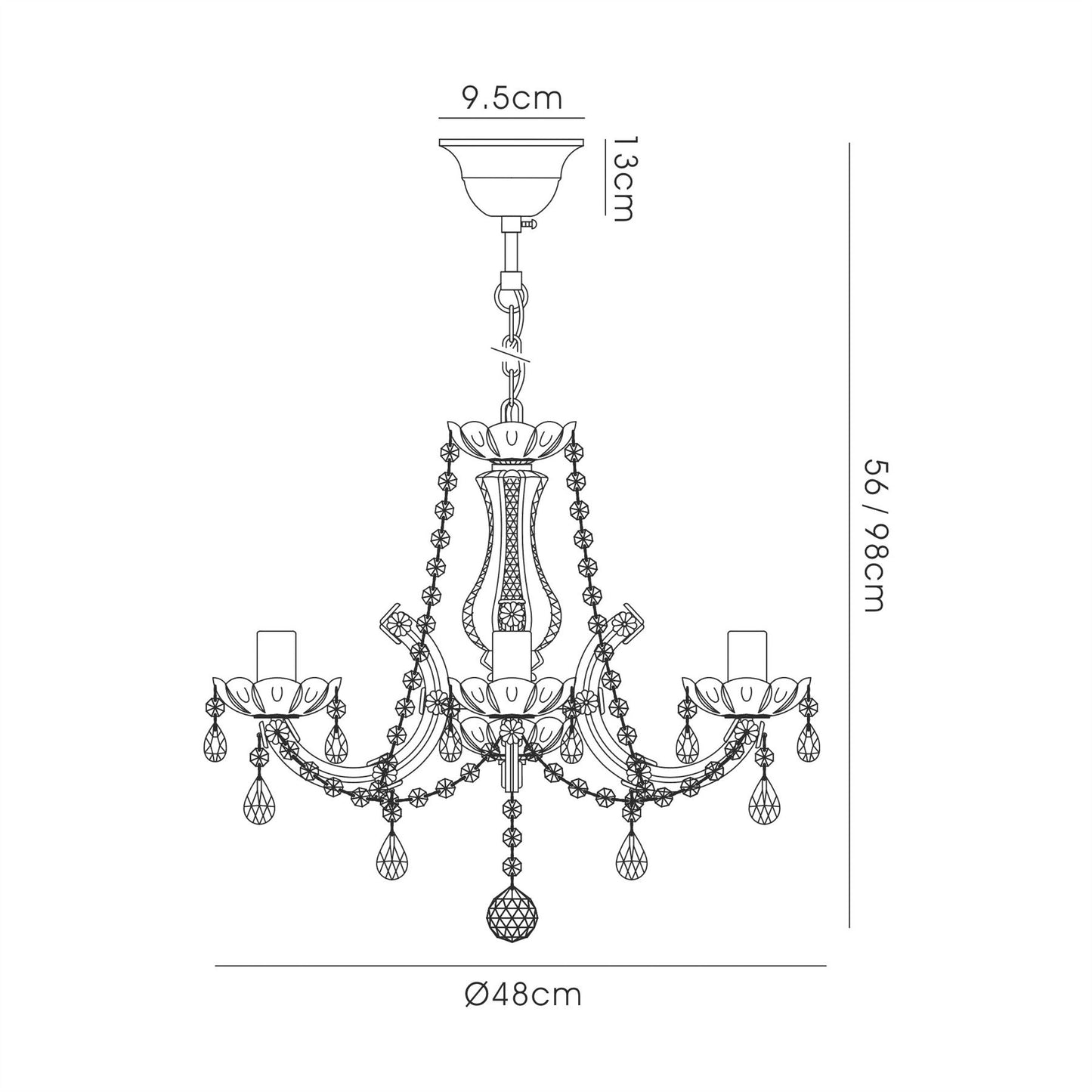 Deco Gabrielle Chandelier with Glass Sconce & Glass Droplets 5 Light E14 Polished Chrome Finish