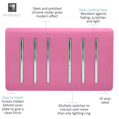 Trendi Artistic Modern Glossy 6 Gang 2 Way Rocker Double Plate Tactile Light Switch Pink