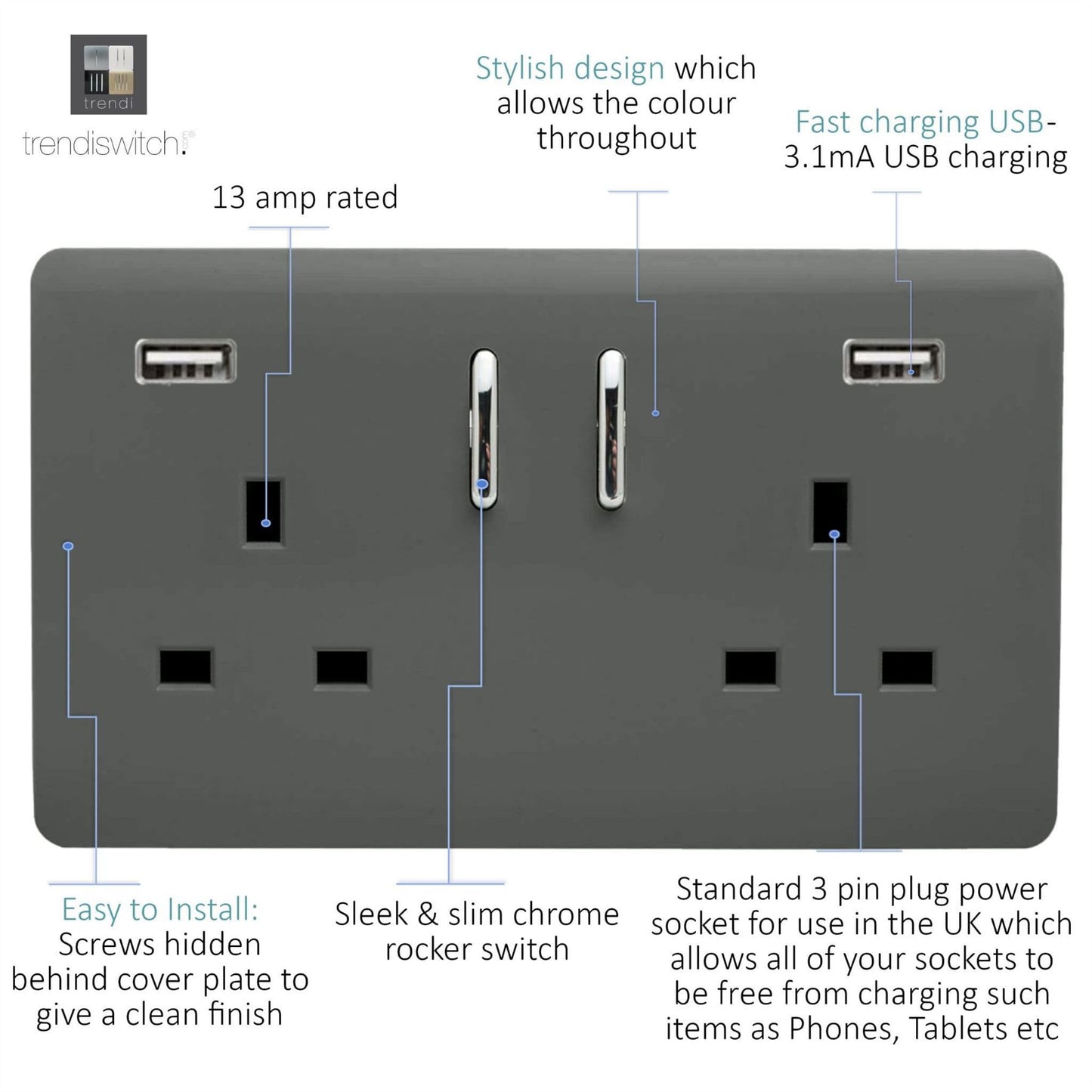 Trendi 2 Gang Artistic Modern Glossy 13 Amp 2 x 3.1mA USB Switched Plug Socket Charcoal