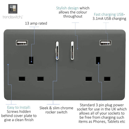 Trendi 2 Gang Artistic Modern Glossy 13 Amp 2 x 3.1mA USB Switched Plug Socket Charcoal
