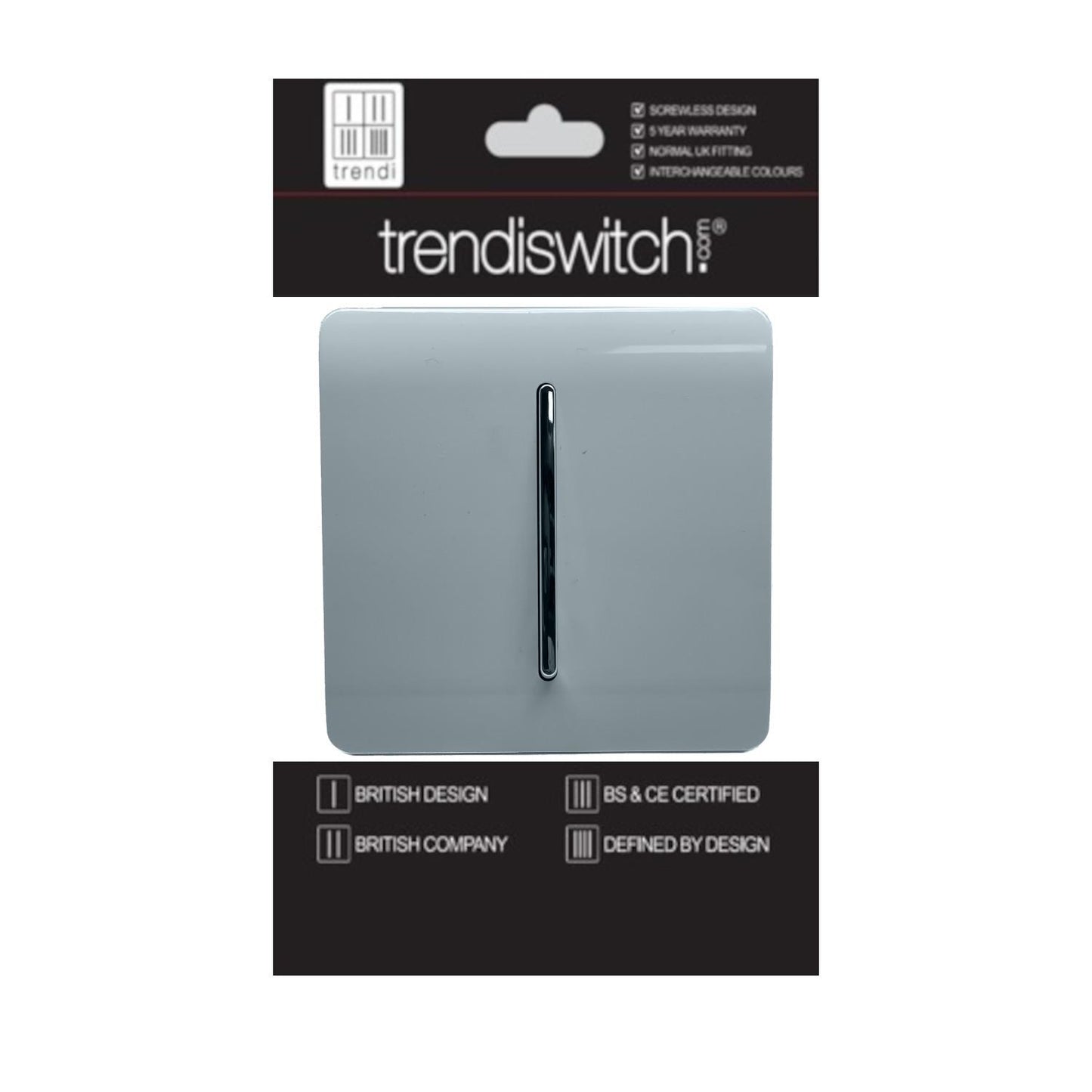 Trendi 1 Gang 2 Way 240V Screwless Artistic Modern Glossy 10 Amp Chrome Rocker Electrical Wall Light Switch in Cool Grey (3 pack)
