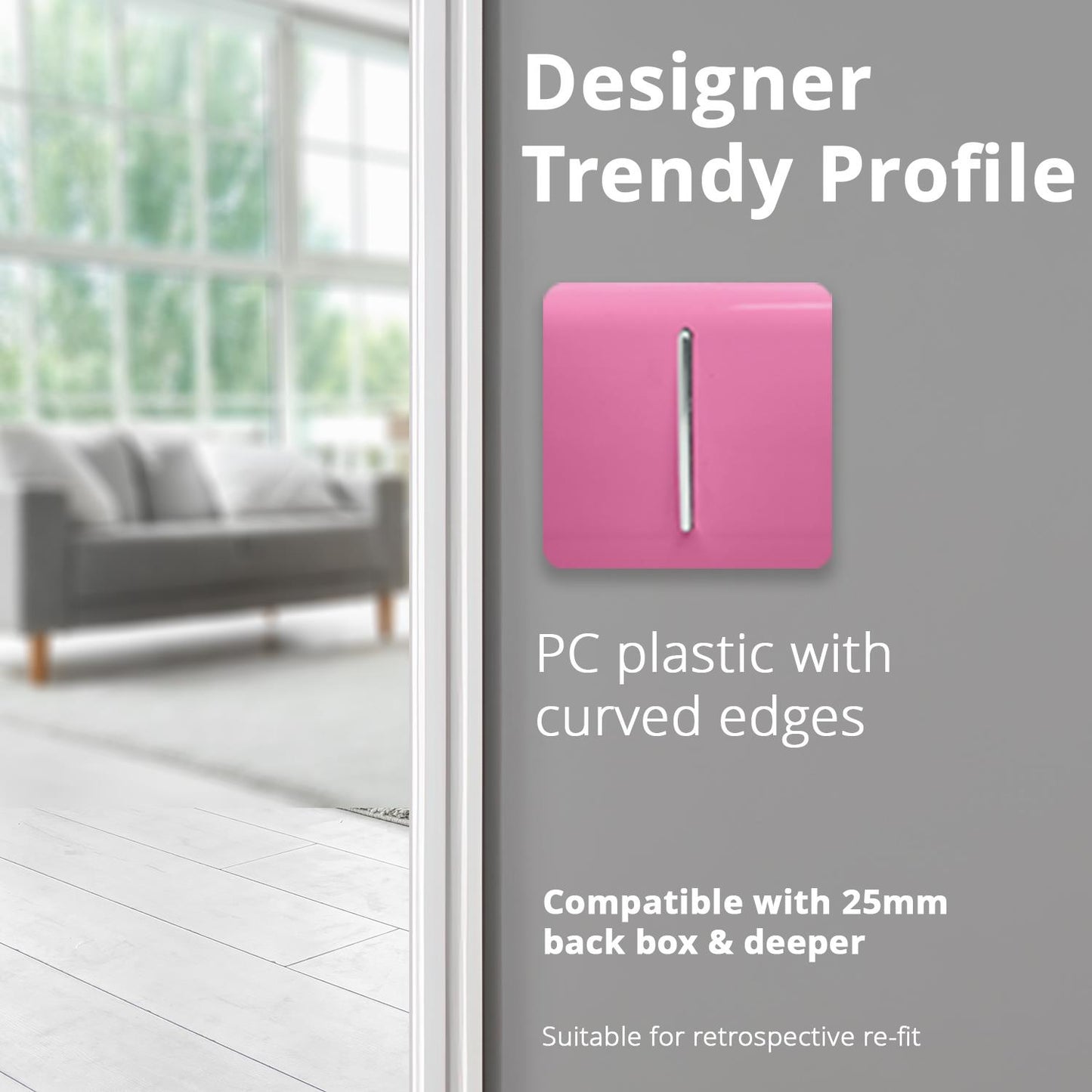 Trendi 1 Gang 2 Way 240V Screwless Artistic Modern Glossy 10 Amp Chrome Rocker Electrical Wall Light Switch in Candy Pink (3 pack)