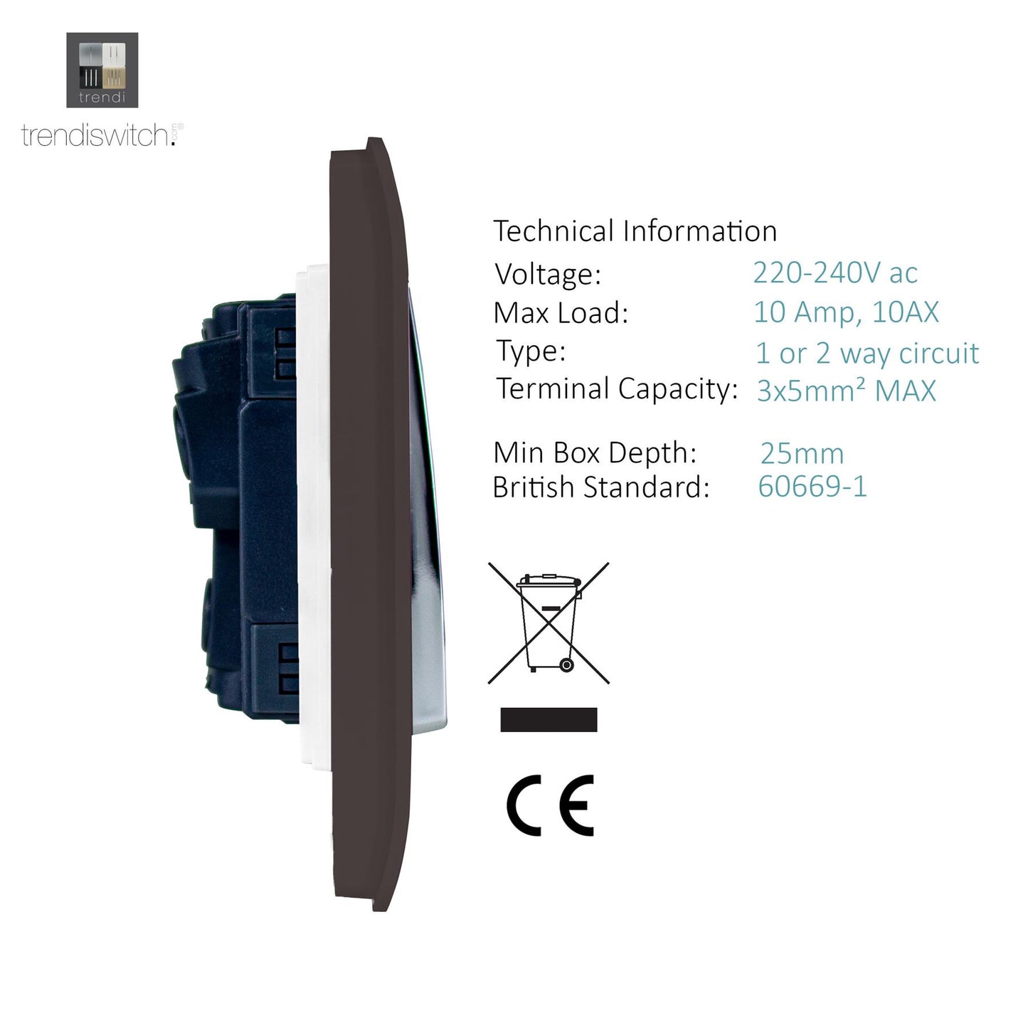 Trendi 2 Gang 2 Way 240V Screwless Artistic Modern Glossy 10 Amp Chrome Rocker Electrical Wall Light Switch in Dark Mocha Brown (2 pack)