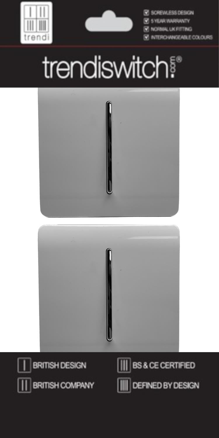 Trendi 1 Gang 2 Way 240V Screwless Artistic Modern Glossy 10 Amp Chrome Rocker Electrical Wall Light Switch in Light Grey (2 pack)