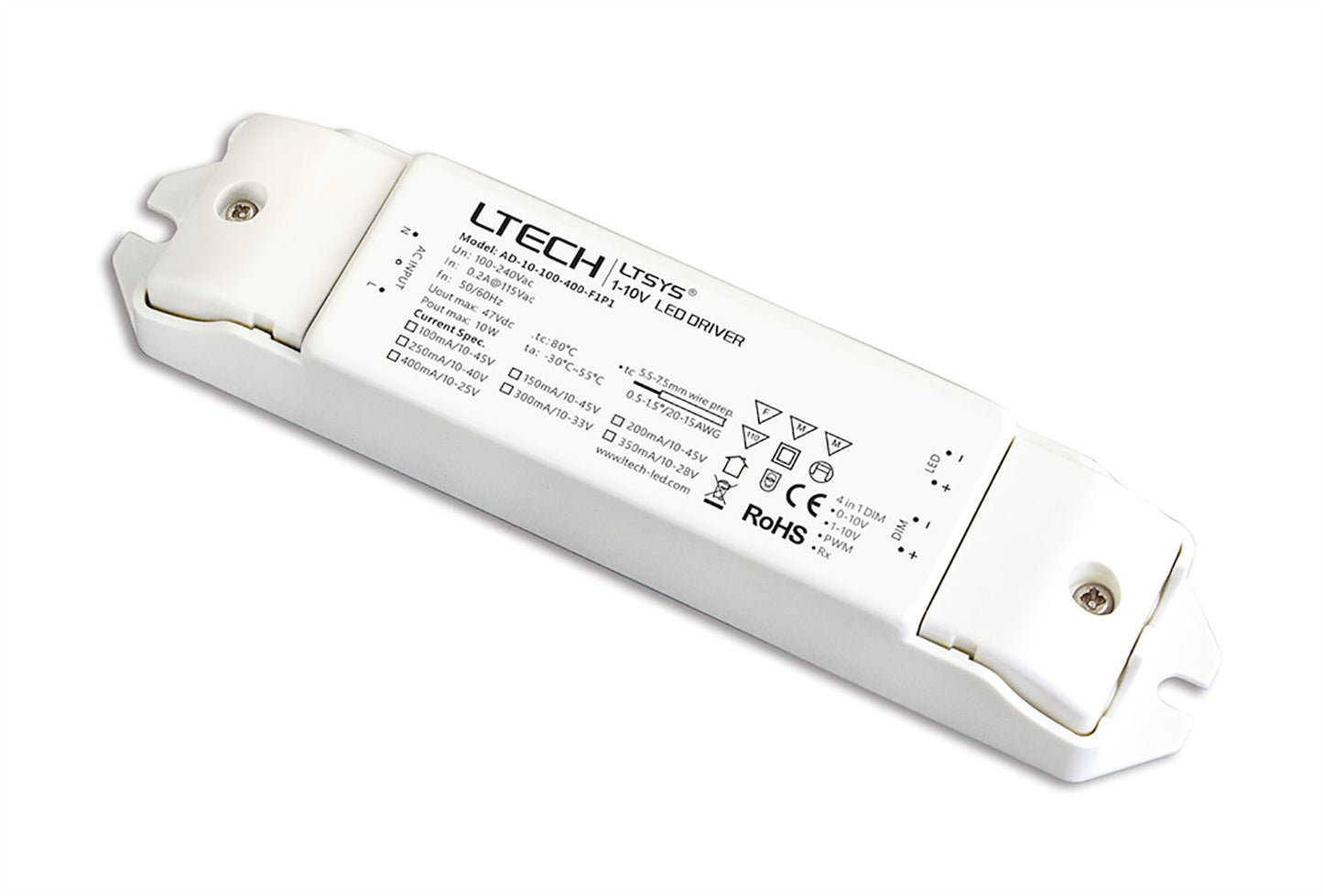 LTECH 1-10V Constant Current 0/1-10V, PWM, Resistor, 1-10W, C. Current Dimmable Driver, 100/150/200/250/300/350/400mA, DC:10-45V, EFF>80%, 3yrs Warranty
