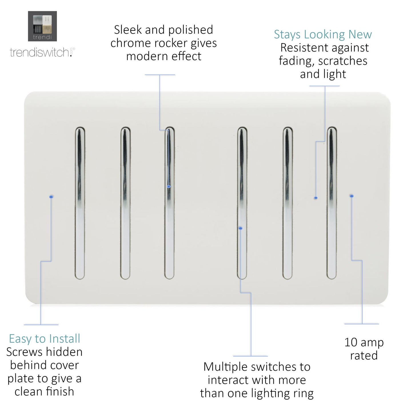 Trendi 6 Gang 2 Way Rocker Double Plate Tactile Light Switch Matt White - ART-SS66WH