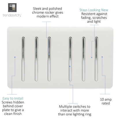 Trendi 6 Gang 2 Way Rocker Double Plate Tactile Light Switch Matt White - ART-SS66WH