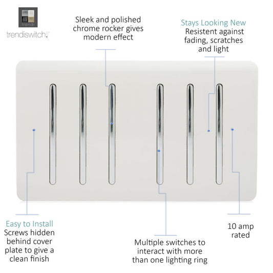 Trendi 6 Gang 2 Way Rocker Double Plate Tactile Light Switch Matt White - ART-SS66WH