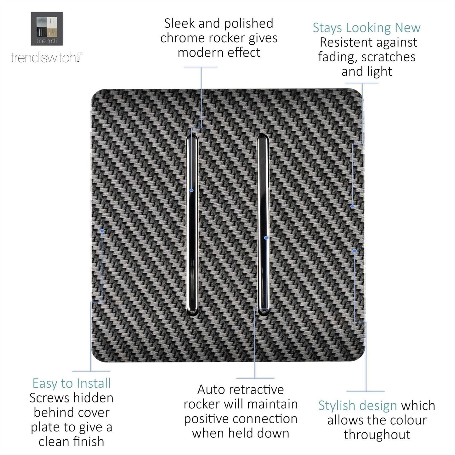 Trendi Switch 2 Gang Retractive Home Automation Switch in Carbon Fibre