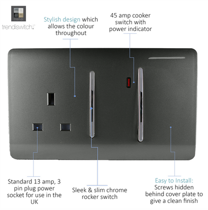 Trendi Artistic Modern Glossy 45 A Cooker Switch & Plug Socket Inc Neon Insert Charcoal