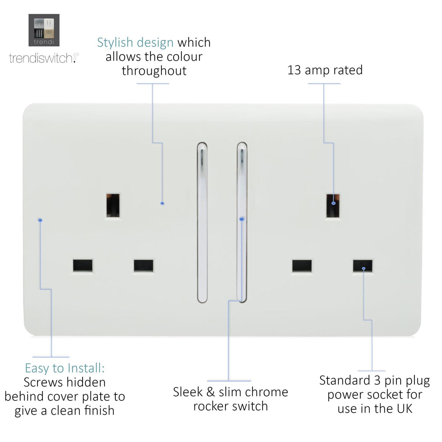Trendi 2 Gang Raised Artistic Modern Screwless 13 Amp Single Pole with Chrome Switched UK Standard Electrical Double Wall Plug Socket in Matt White - ART-SKT213LMWH